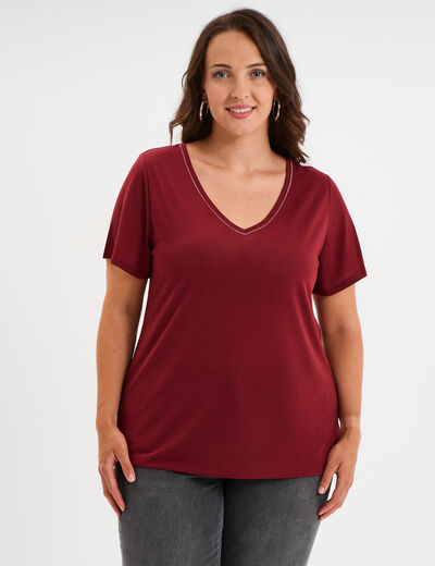 T-shirt manches courtes col V bordeaux femme grande taille