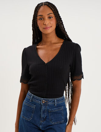 Blouse manches courtes col V dentelle noir femme