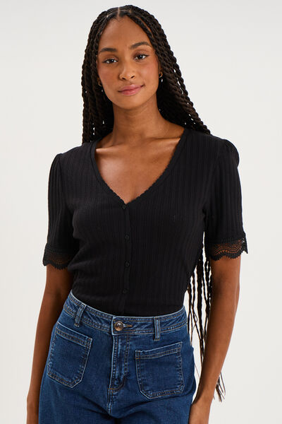Blouse manches courtes col V dentelle noir femme