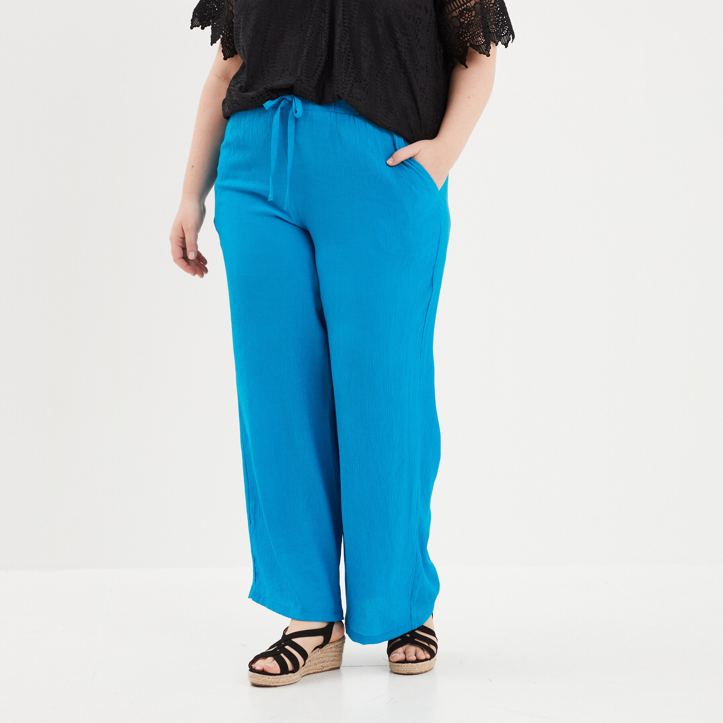 Pantalon fluide wide leg bleu canard femme grande taille MODAVISTA