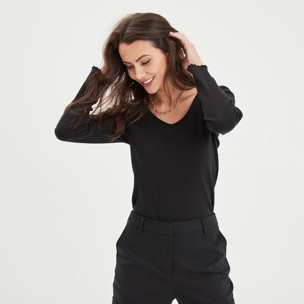t shirt cotele col en v manches longues noir femme T-shirt côtelé col en V manches longues noir femme