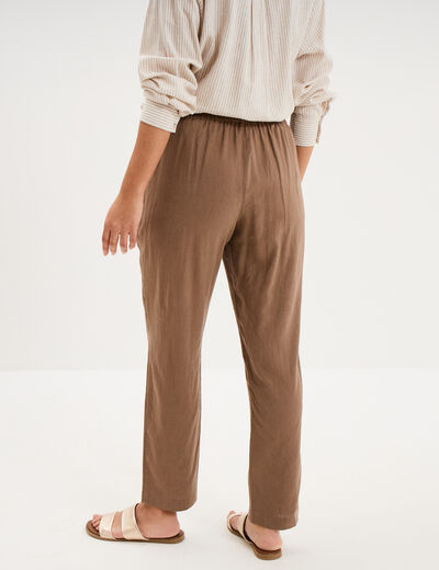 Pantalon droit 7/8&egrave;me lin m&eacute;lang&eacute; marron clair femme