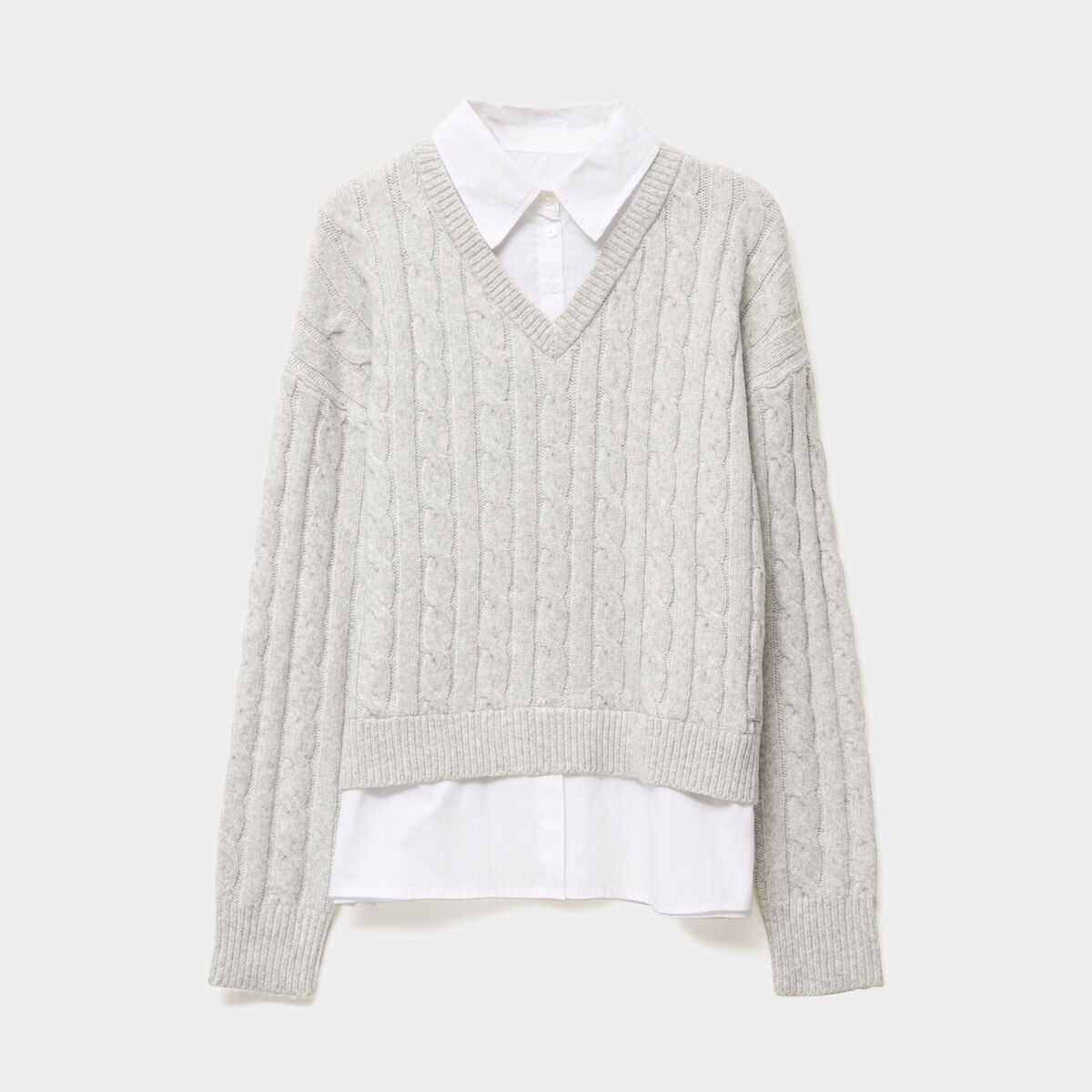 Pull torsades effet 2-en-1 chemise gris clair femme