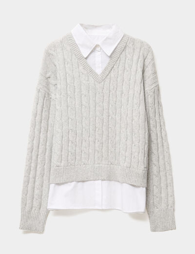 Pull torsades effet 2-en-1 chemise gris clair femme
