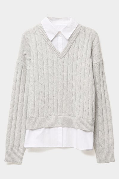 Pull torsades effet 2-en-1 chemise gris clair femme