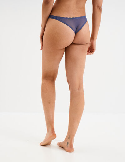 Tanga en dentelle doublure coton bleu gris femme
