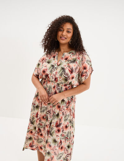 Robe longue col tunisien taille smock&eacute;e beige femme grande taille