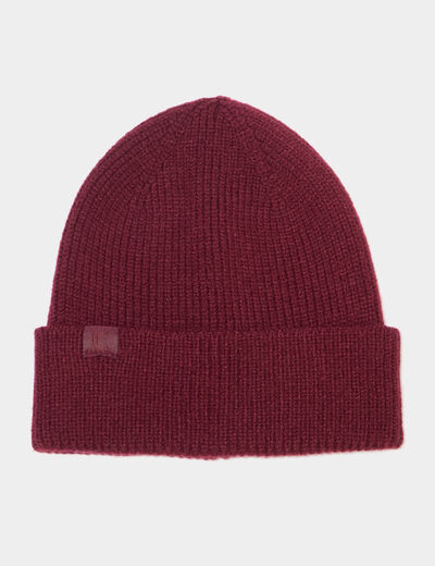 Bonnet tricot&eacute; avec bord &agrave; revers bordeaux femme