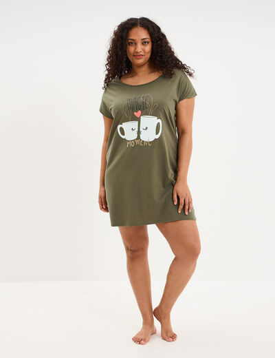 Chemise de nuit courte col rond coton vert kaki femme grande taille