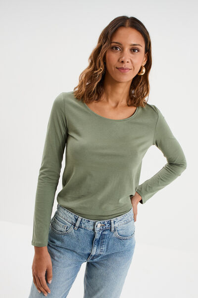 T-shirt coton col rond manches longues vert kaki femme