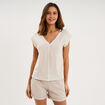 Blouse col V manches courtes lin m&eacute;lang&eacute; beige femme