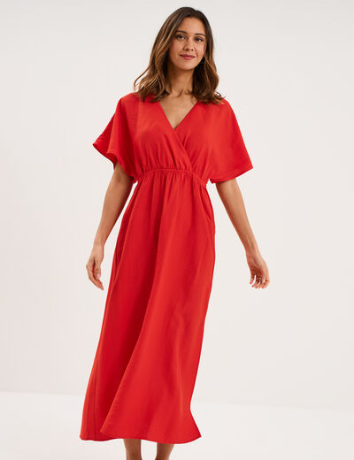 Robe longue col cache-coeur rouge femme