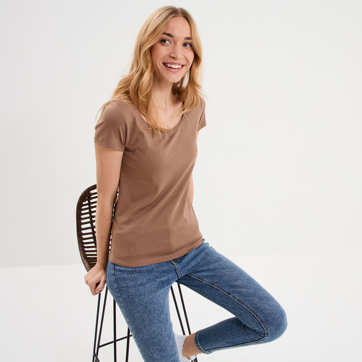 T-shirt coton col rond manches courtes marron clair femme