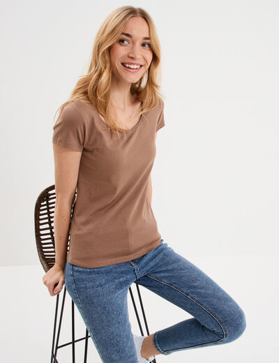 T-shirt coton col rond manches courtes marron clair femme