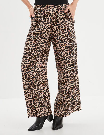 Pantalon large fluide taille élastiquée beige femme