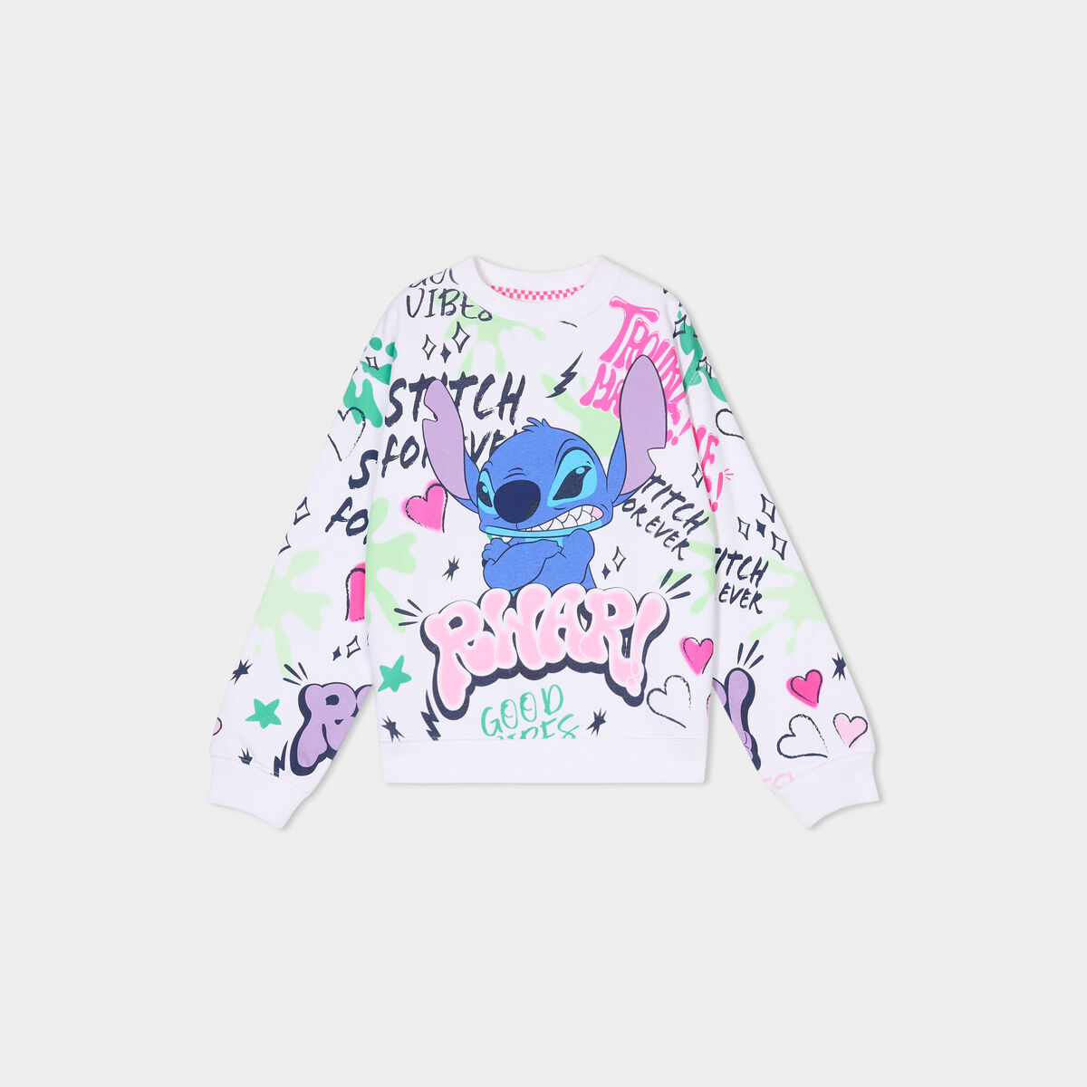 Sweat col rond manches longues Stitch blanc fille