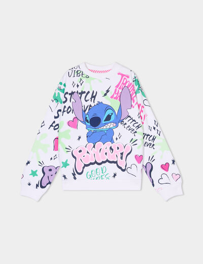 Sweat col rond manches longues Stitch blanc fille