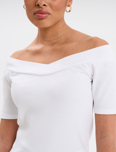 T-shirt col bardot manches courtes coton blanc femme