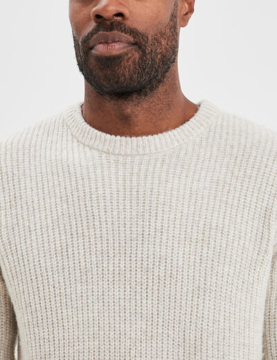 Pull col rond &agrave; manches longues beige homme