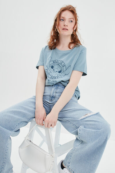 T-shirt droit manches courtes Stitch gris femme