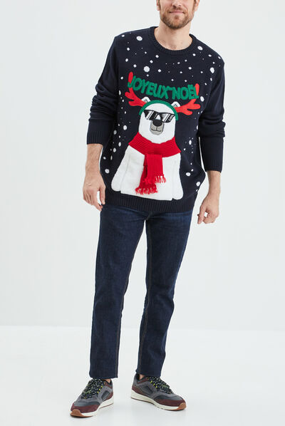 Pull de Noël détails fausse fourrure bleu marine homme