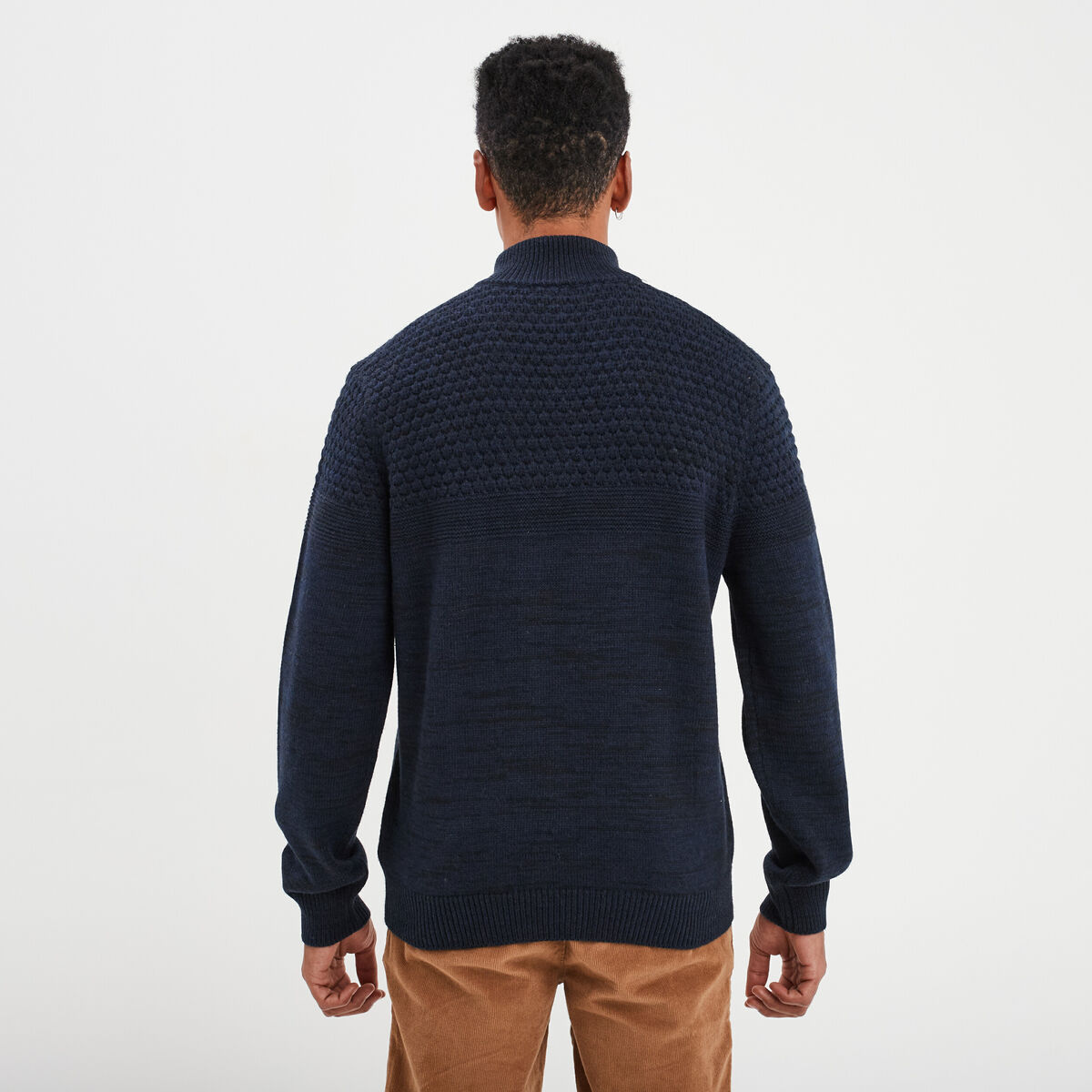 Pull col camionneur zipp&eacute; bleu fonc&eacute; homme