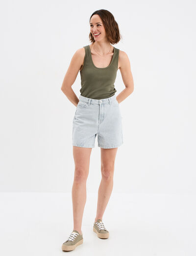 Débardeur col rond côtelé coton vert kaki femme