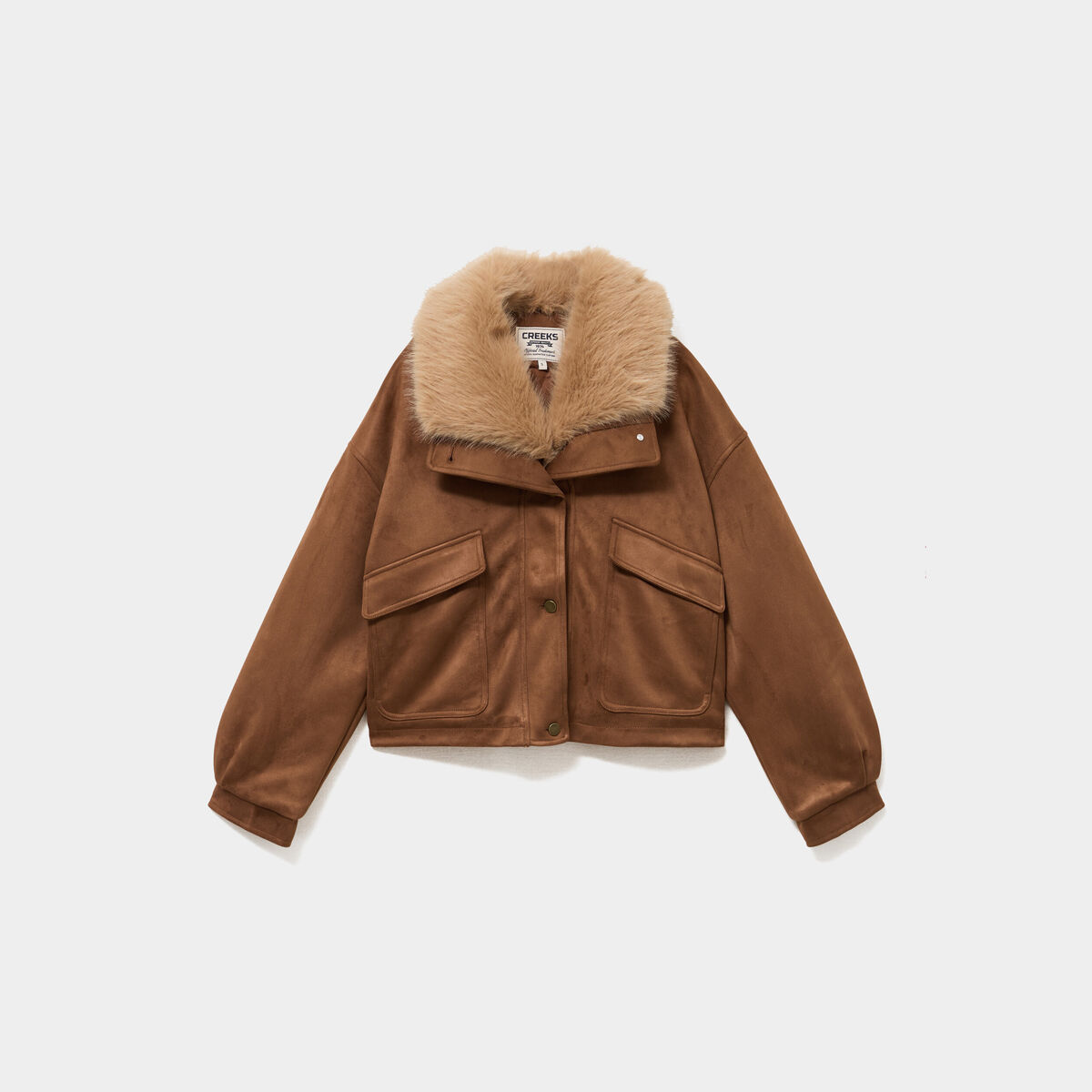 Veste effet su&eacute;dine col fausse fourrure marron femme