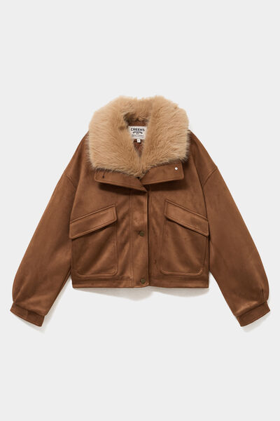 Veste effet su&eacute;dine col fausse fourrure marron femme