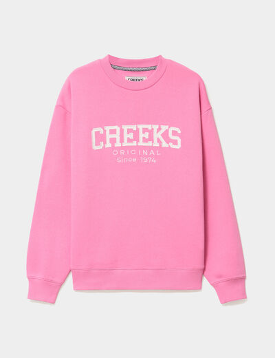 Sweat molleton col rond manches longues rose vif femme