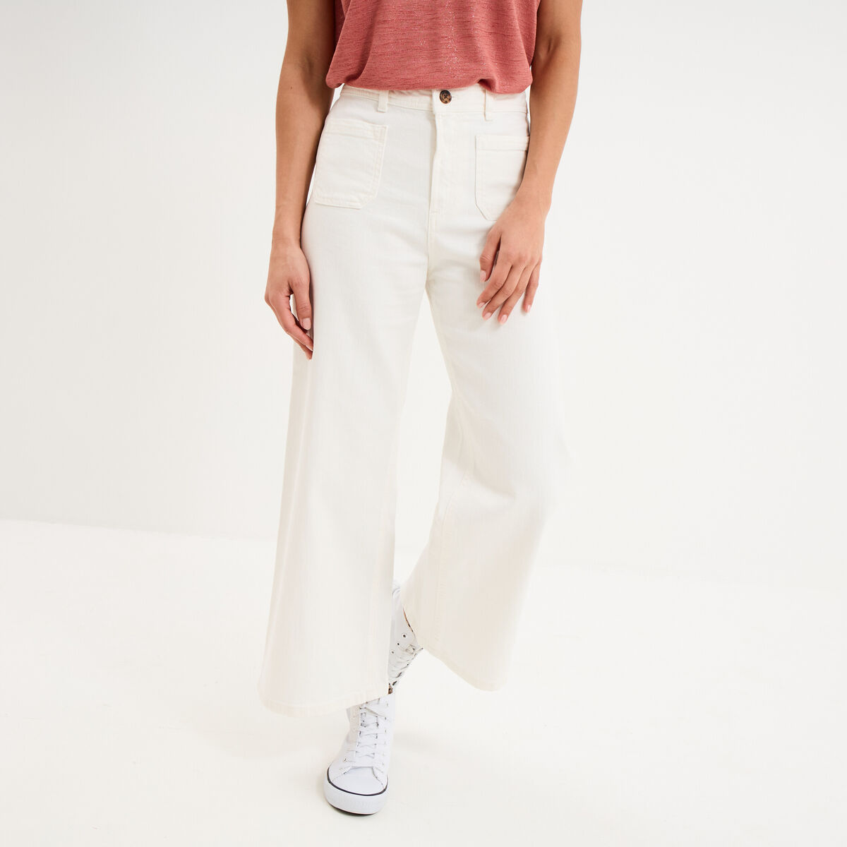 Jean large cropped poches plaqu&eacute;es coton ivoire femme