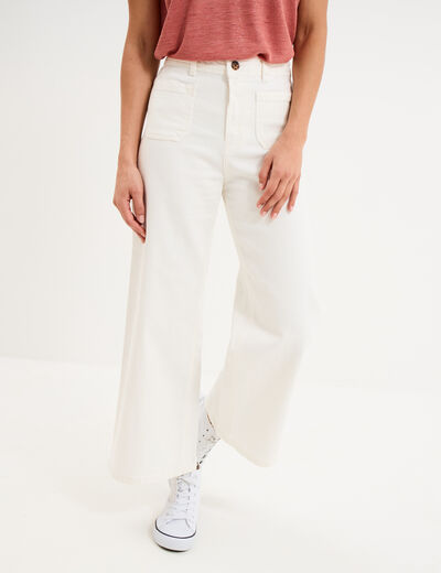 Jean large cropped poches plaqu&eacute;es coton ivoire femme