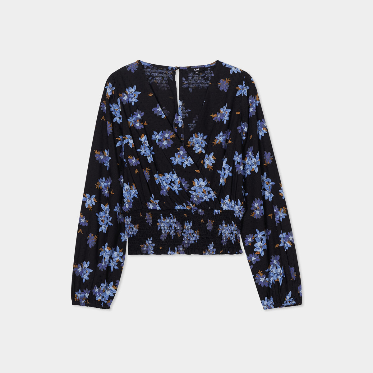 Blouse cache-coeur taille smockée noir femme