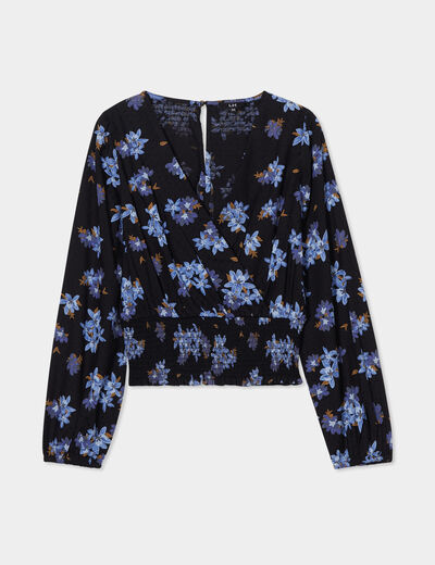 Blouse cache-coeur taille smockée noir femme