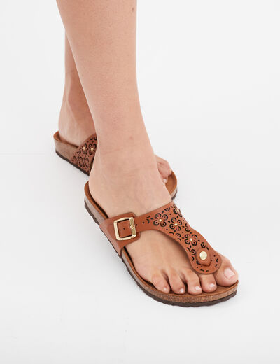 Mules détails perforés en cuir marron femme