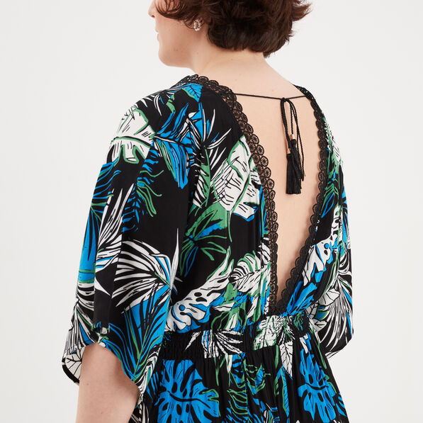Robe longue droite fluide taille smockée noir femme grande taille