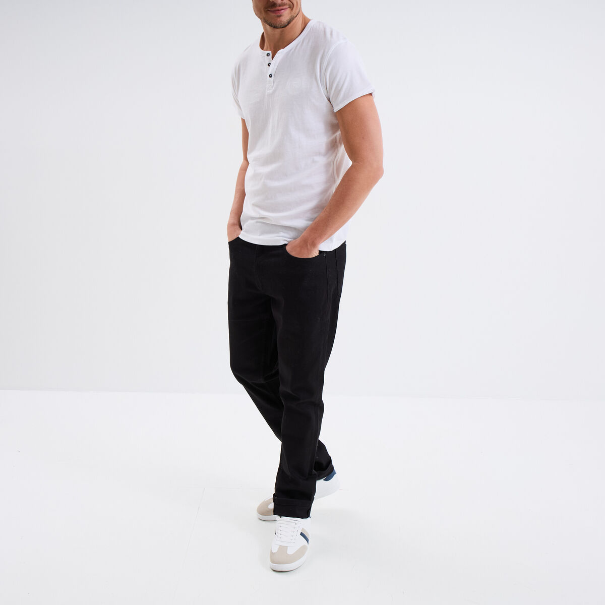 T-shirt col tunisien manches courtes blanc homme