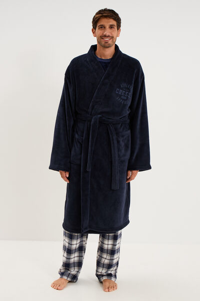 Peignoir long effet velours bleu fonc&eacute; homme