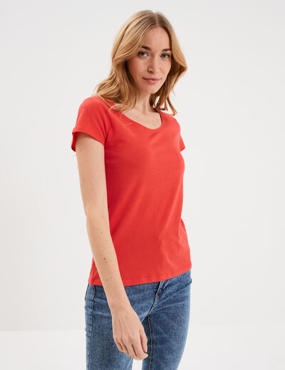 T-shirt coton col rond manches courtes rouge femme