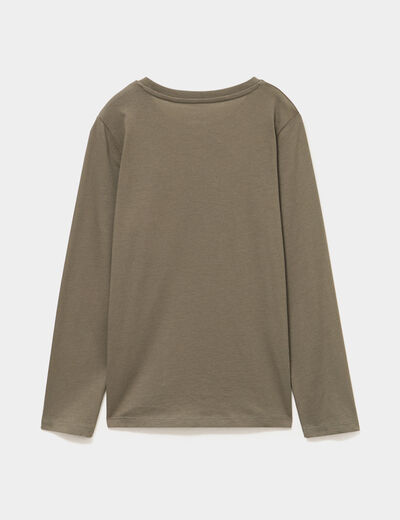 T-shirt col rond manches longues coton vert kaki gar&ccedil;on