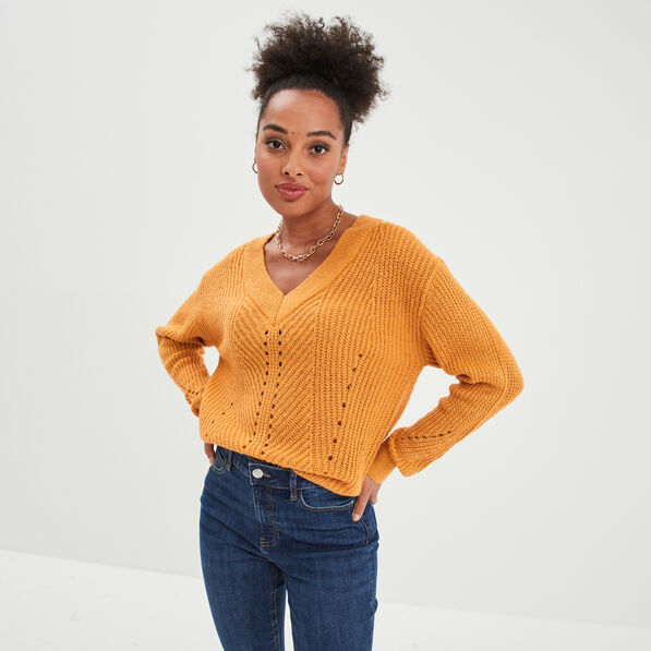 Pull avec détails ajourés jaune moutarde femme