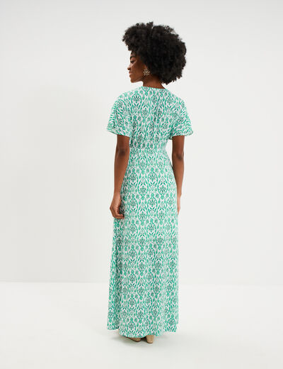 Robe longue gaufr&eacute;e manches courtes ecru femme