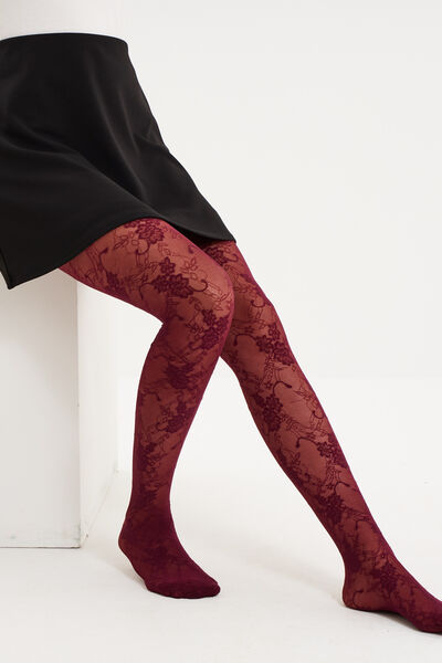 Collants 20D effet dentelle bordeaux femme