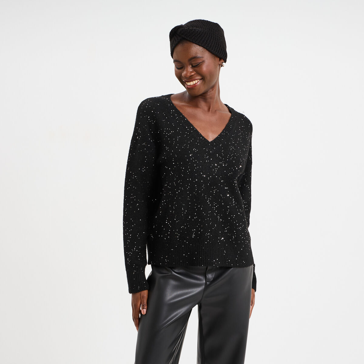 Pull col V &agrave; paillettes et sequins noir femme