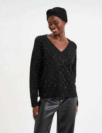 Pull col V &agrave; paillettes et sequins noir femme