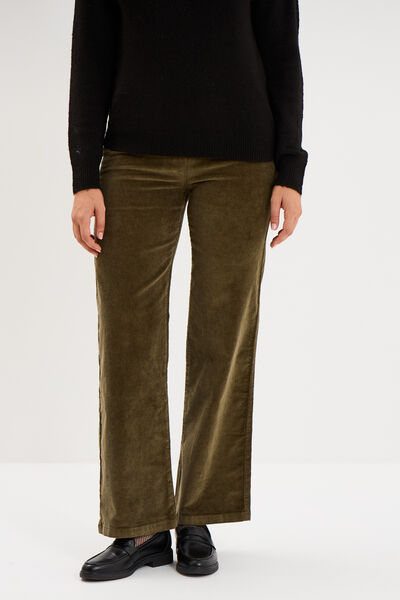 Pantalon &agrave; pont velours 7/8&egrave;me vert kaki femme