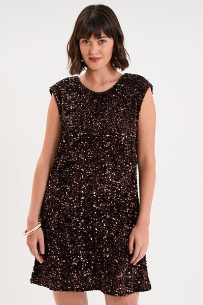 Robe courte &agrave; sequins sans manches marron fonc&eacute; femme