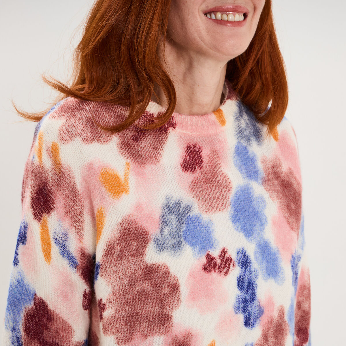 Pull col rond manches longues relax rose framboise femme