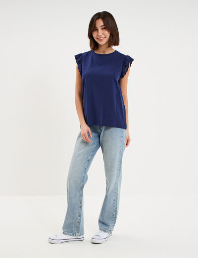 D&eacute;bardeur volants broderie anglaise bleu fonc&eacute; femme