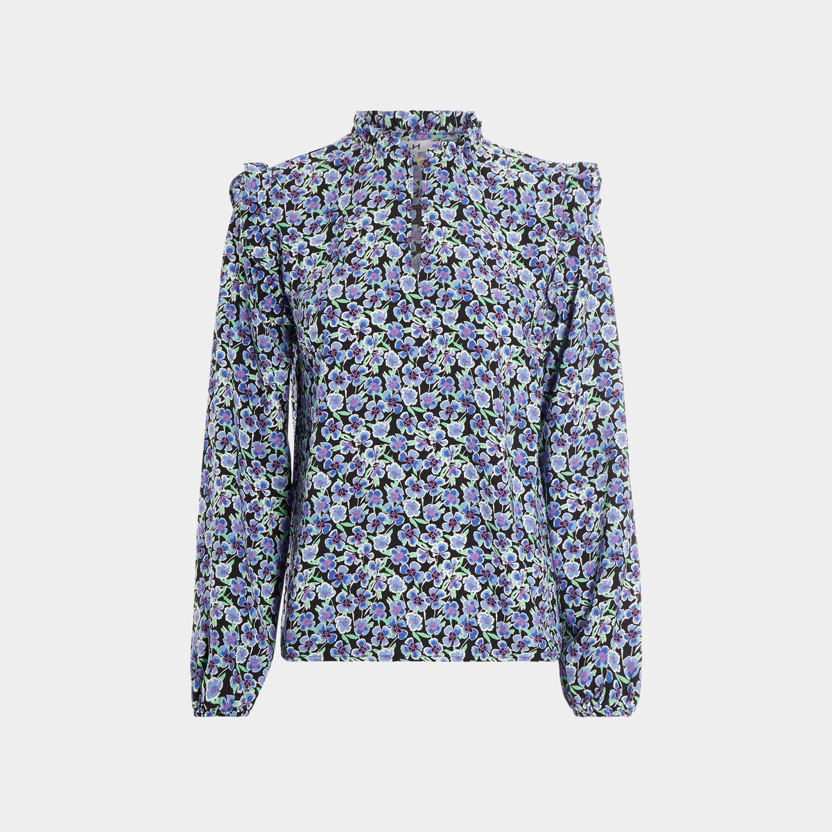 Blouse à épaules et col volantés bleu marine femme